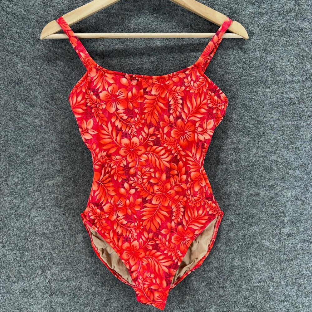 Cherokee Swimsuit Women 10 Red Floral Push Up Sleeveless One Piece Swimwear
